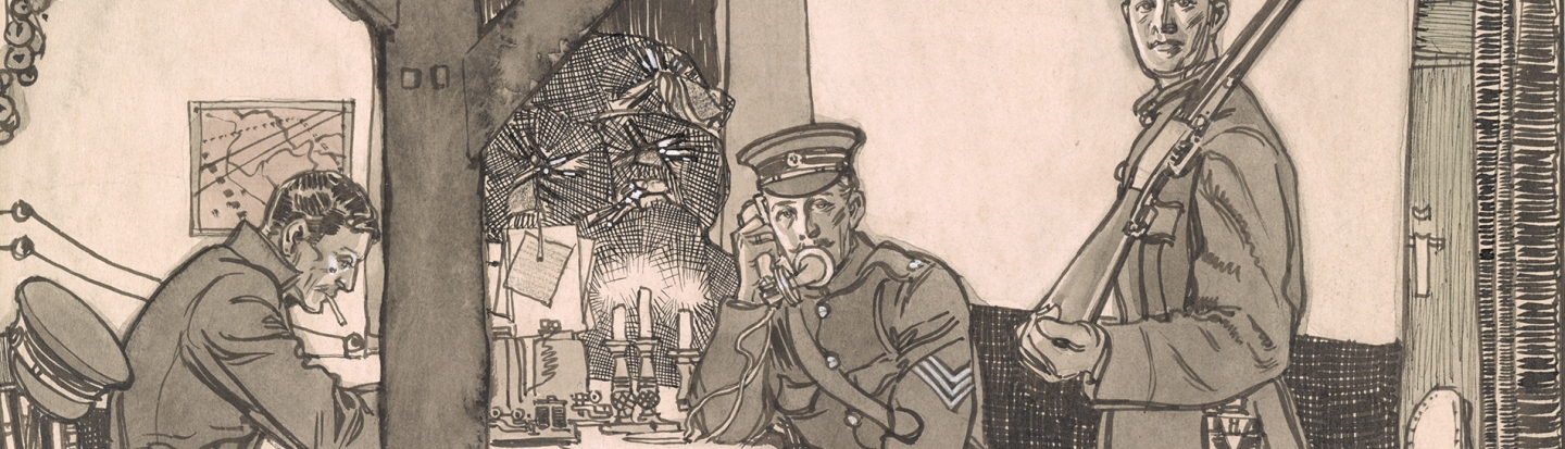 Drawing shows four soldiers inside a house