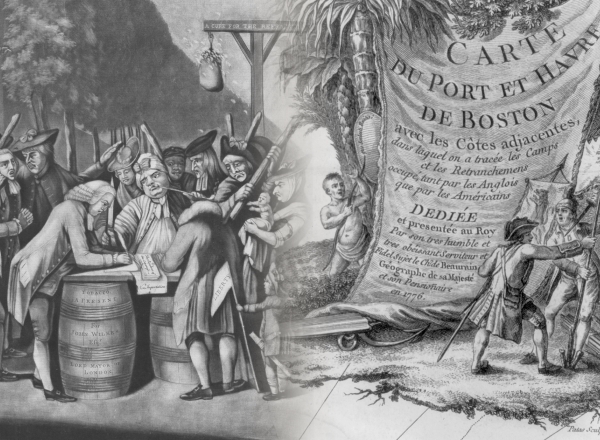 "Virginian loyalist" being forced to sign a document and patriot raises a knife to defend the American banner